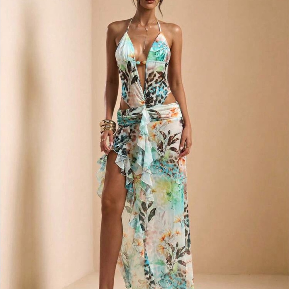 Tropical Print Halter Maxi Dress